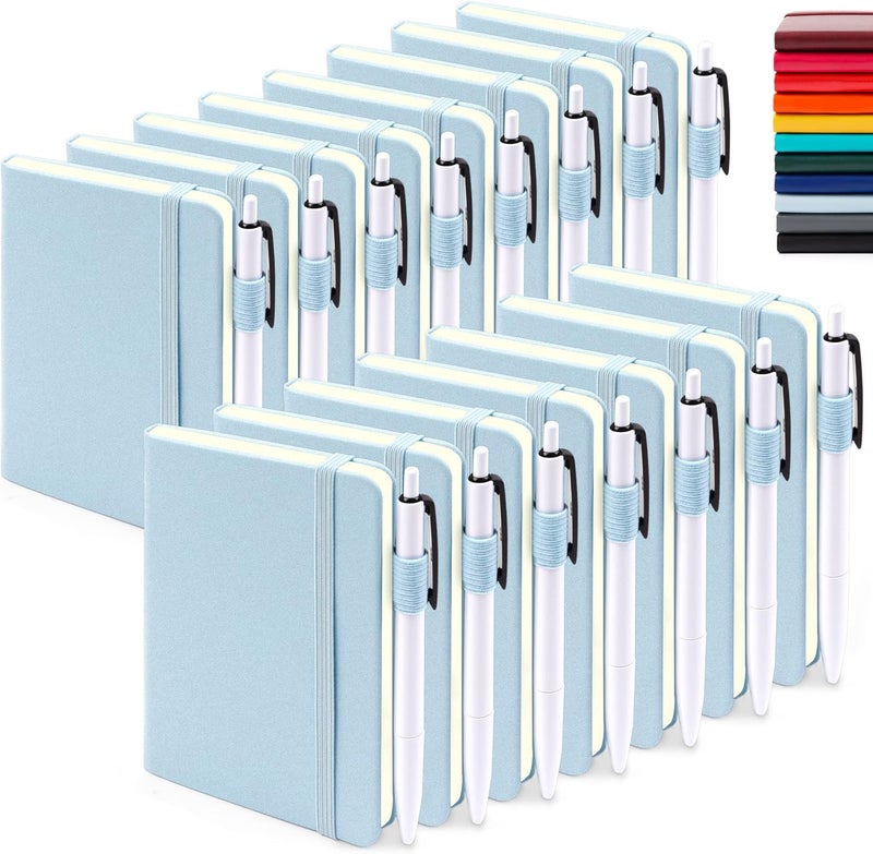 Feela 15 Pack Pocket Small Notebooks Bulk, Mini Cute Memo Notepads Hardcover College Ruled Lined Journals with Pen Holder for Women Girls Office School, with 15 Black Pens, 3.5”x 5.5”, A6, Light Blue - Image 1